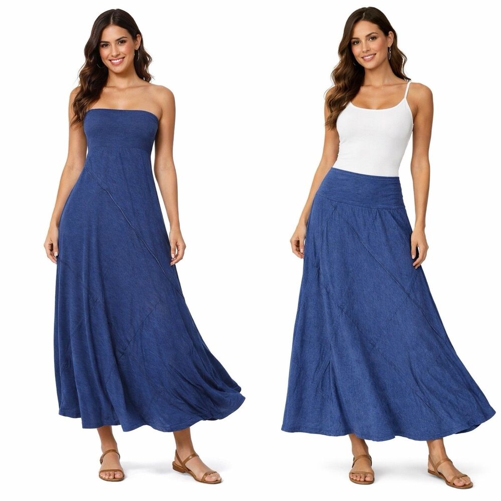 Thyme & Honey Convertible Maxi Strapless Dress Skirt Boho Stretch Women L Blue